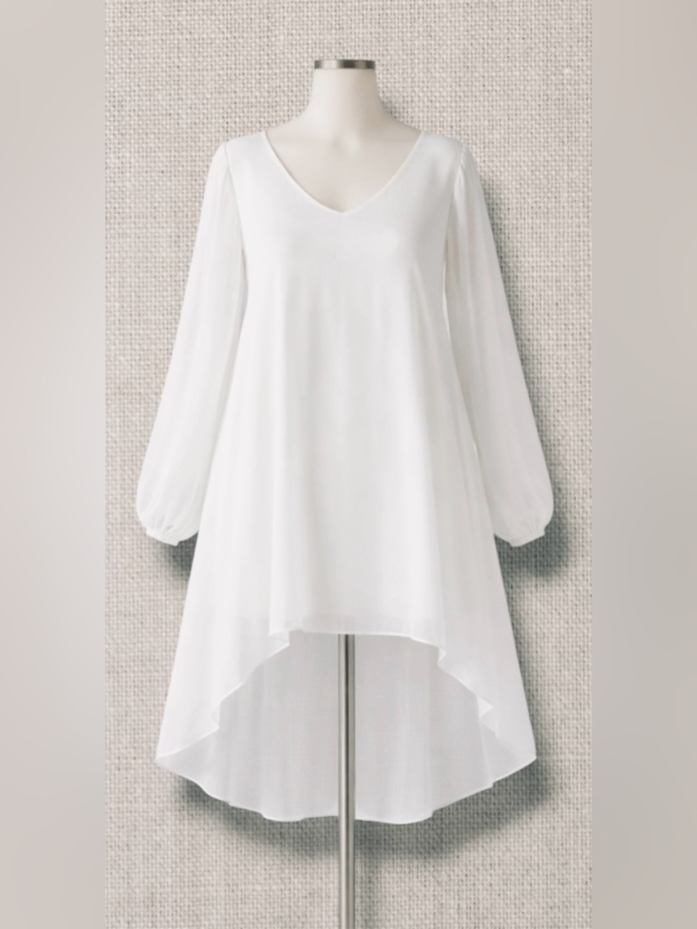 Boutique Style White Chiffon sheer High-Low Dress with Balloon Sleeves